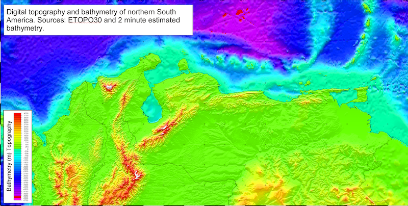 Regional topography and bathymetry of northern South America, with source annotation and elevation legend.