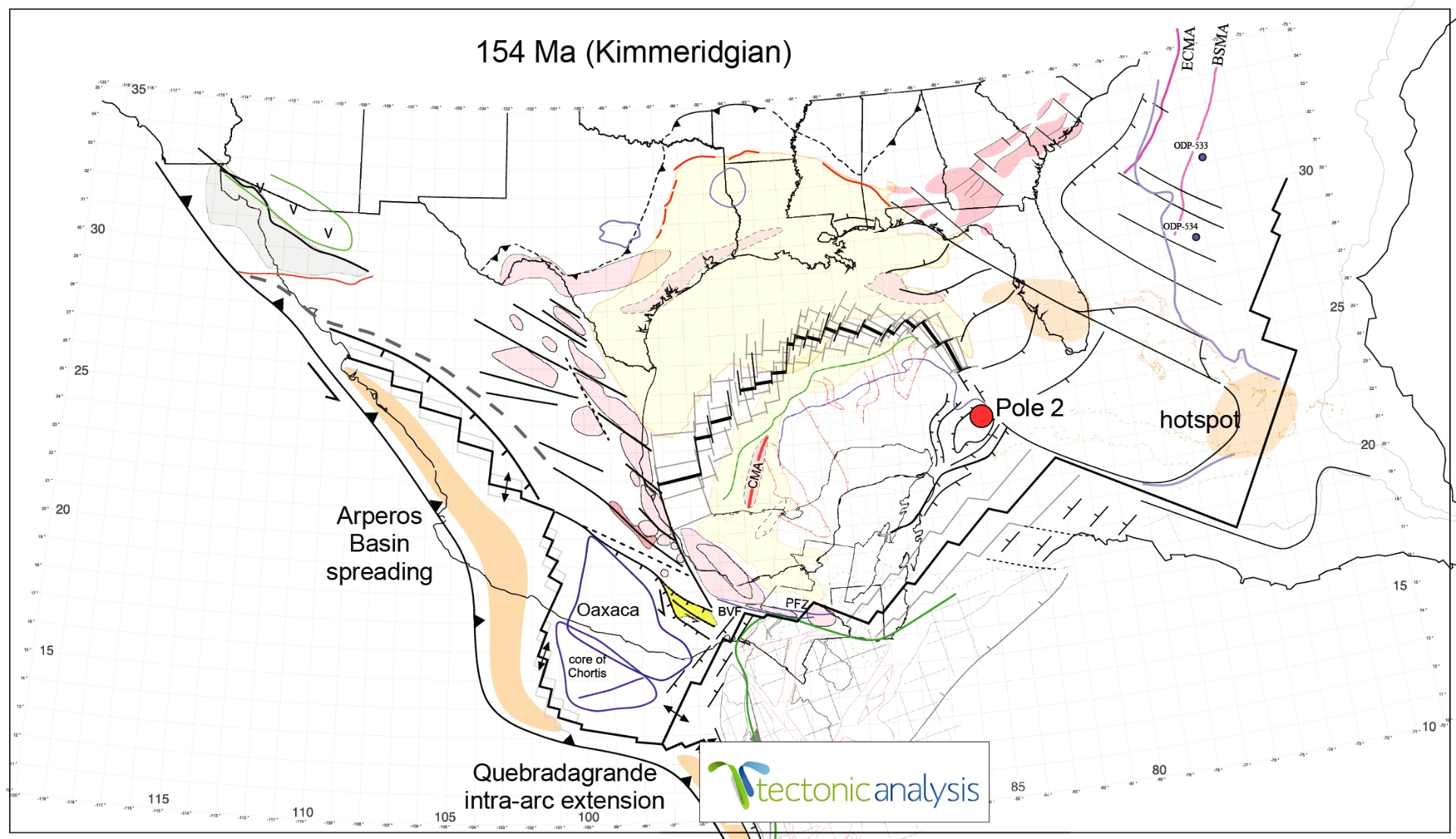 Tectonic Analysis reconstruction of the Gulf of Mexico and surrounding region at 154 million years ago.